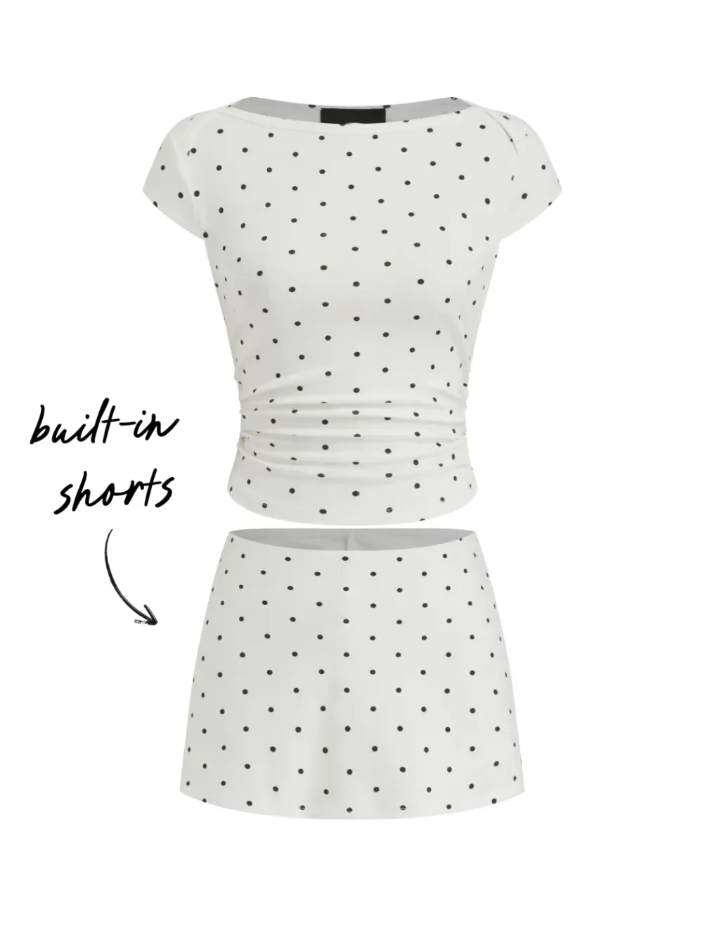 Cotton-Blend Polka Dot Boat Neck Tee & Mini Skort Set