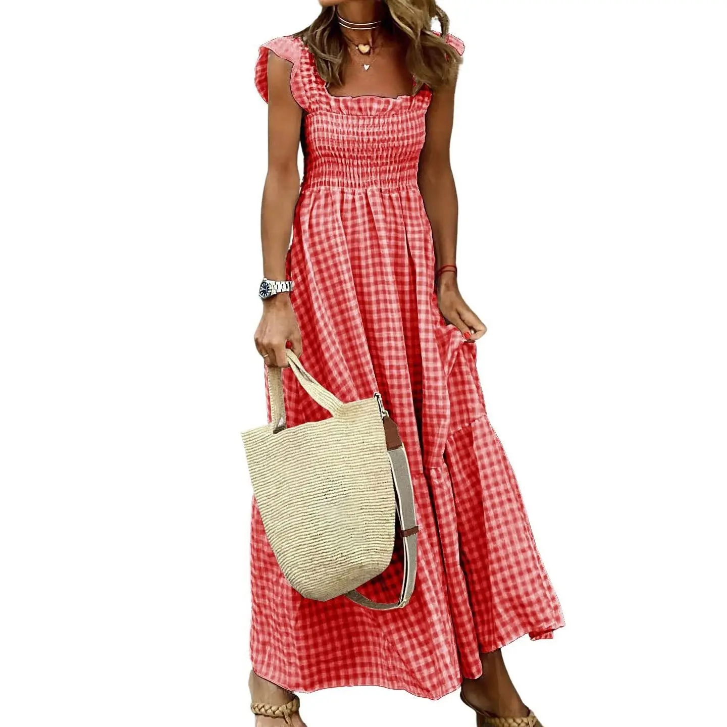 Women's Retro Plaid Smocked Dress Spaghetti Strap Flounce Long Casual Sleeveless Flowy Evening Fashion Basic with Pockets
