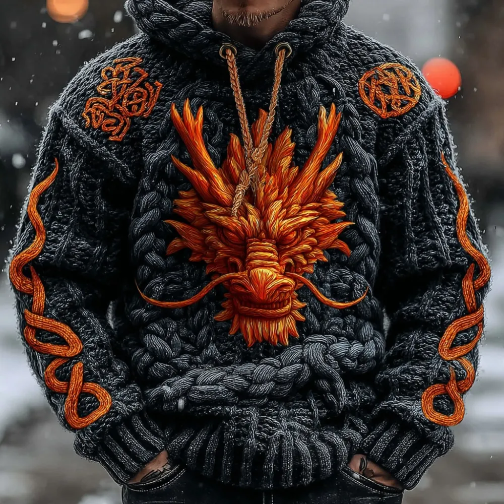 Men's Vintage Viking Celtic Dragon Chunky Hooded Sweater