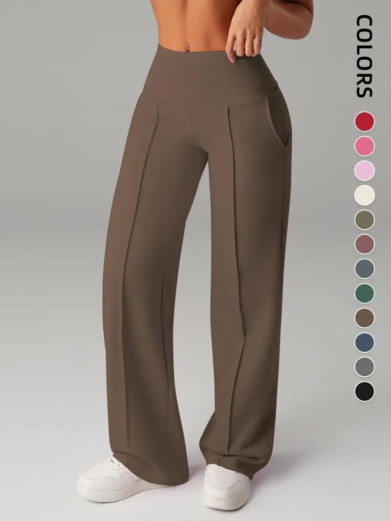 Women's Plain Loose Straight Leg Pants, Wide Leg High Waist Sporty Casual Sweatpants with Pockets