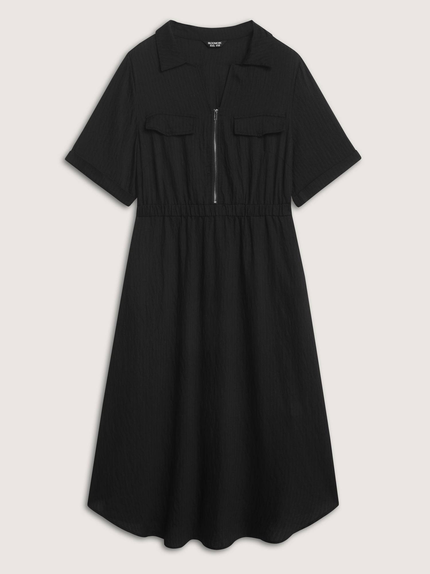 Zipper Front Collar Plain Midi Dress
