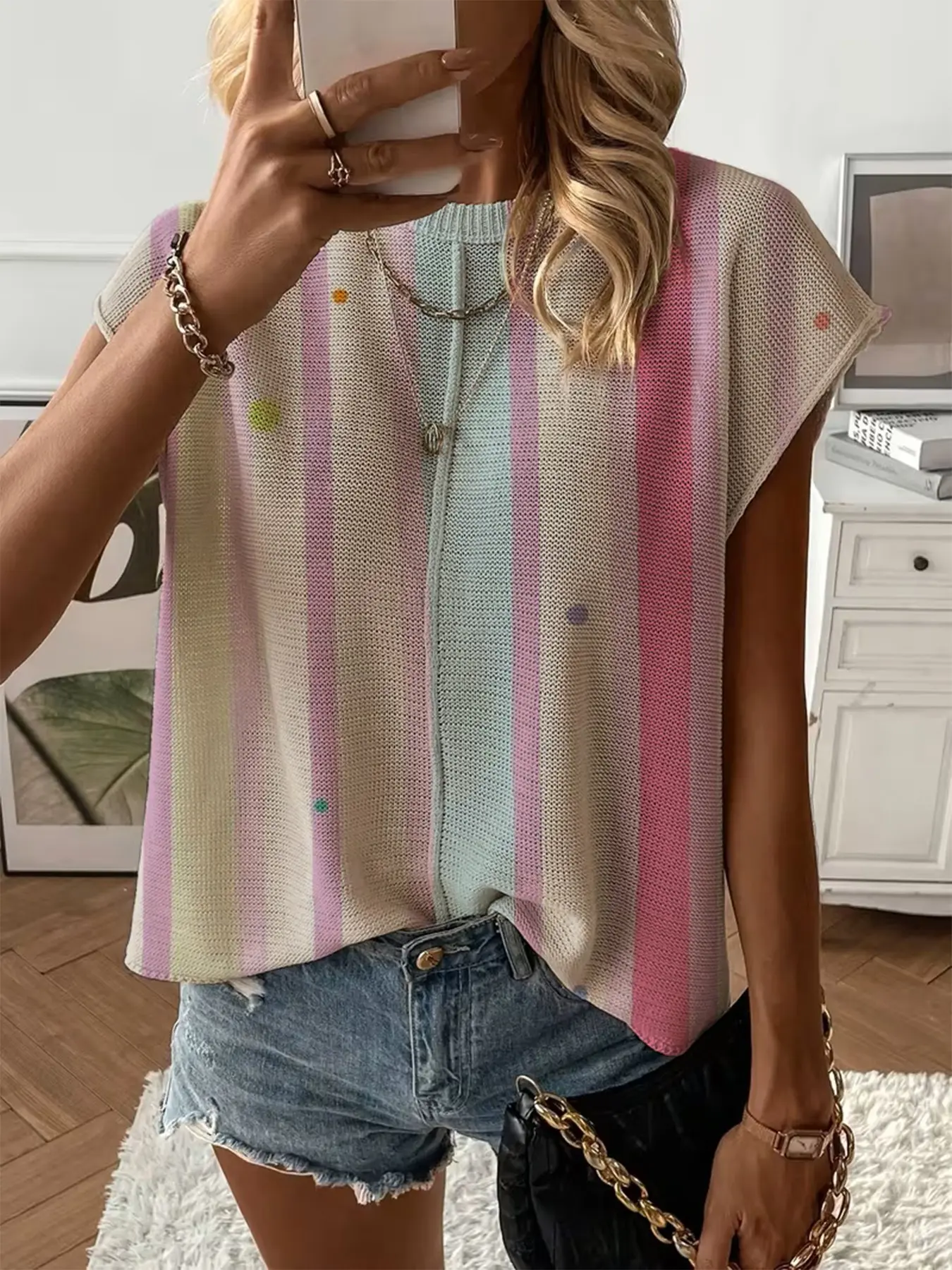 Spring/Summer crew neck drop-shoulder loose fit contrast stripe splicing print short-sleeve women's knit top