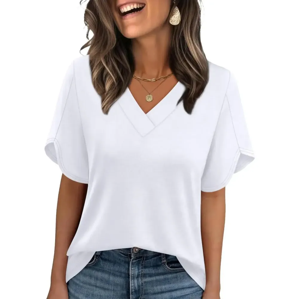 Womens Summer Tops Short Petal Sleeve Shirts Fashion V Neck Outfits Clothes