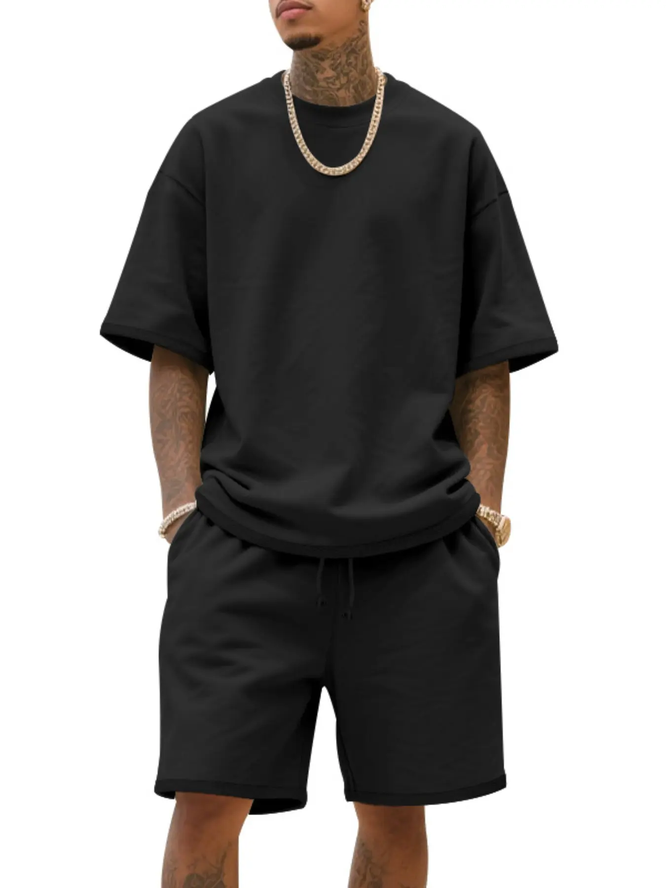 Men's Summer Casual Set, Pure Color Round Neck Short Sleeve Knit Tee & Shorts, Classic Loose Fit Sportswear, Comfortable Daily Wear Outfit