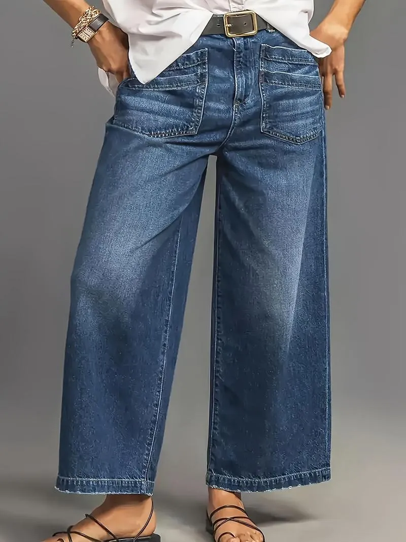 Solid Color Wide Leg Stretchy Jeans, Casual Comfy Denim Stretchy Jeans for Daily Wear, Women's Bottoms for All Seasons