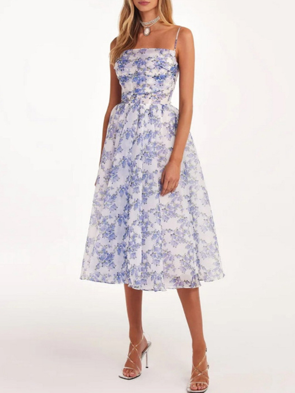 Flower Printed Ruffled Pleated Sleeveless Spaghetti-Neck Chiffon Midi Dresses