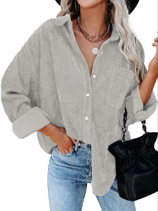 Women's Plain Pocket Button Front Corduroy Shirt