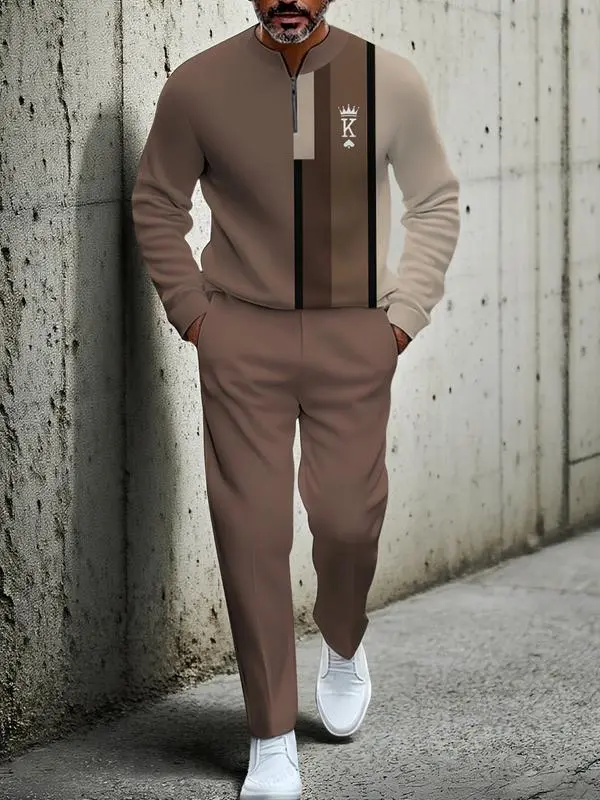 Men's Fashion New Retro Beige & Brown Block Semi-Cardigan Set