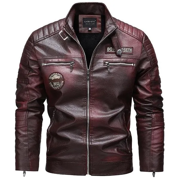 Men's Wine Red PU Leather Motorcycle Jacket - Quilted Details, Multiple Zippers