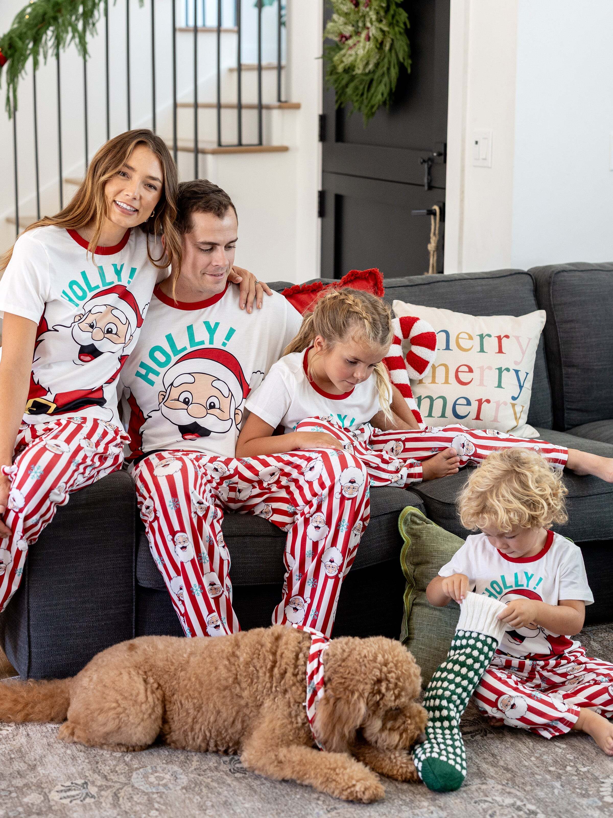 Christmas Matching Family Pajamas Set Santa Claus and Snowflakes Red Stripes PJS Red