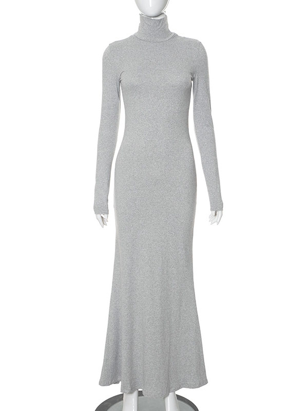 Solid Color Split-Joint Bodycon Long Sleeves High Neck Maxi Dresses