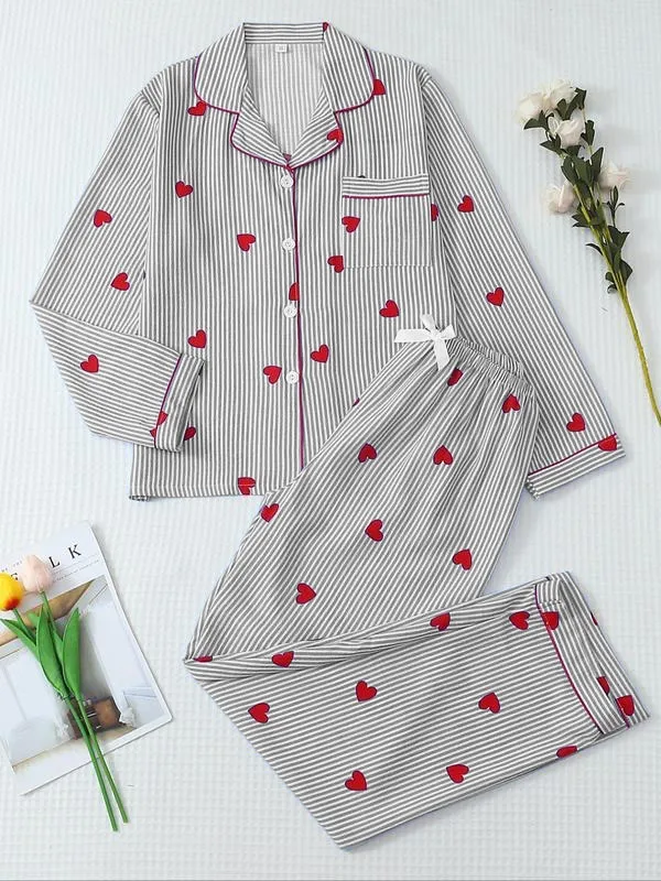 Women's Striped Bow Print Long Sleeve Pajama Set