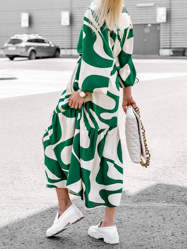 Contrast Color Pleated Printed Split-Joint Tied Waist Long Sleeves Loose Lapel Shirt Dress