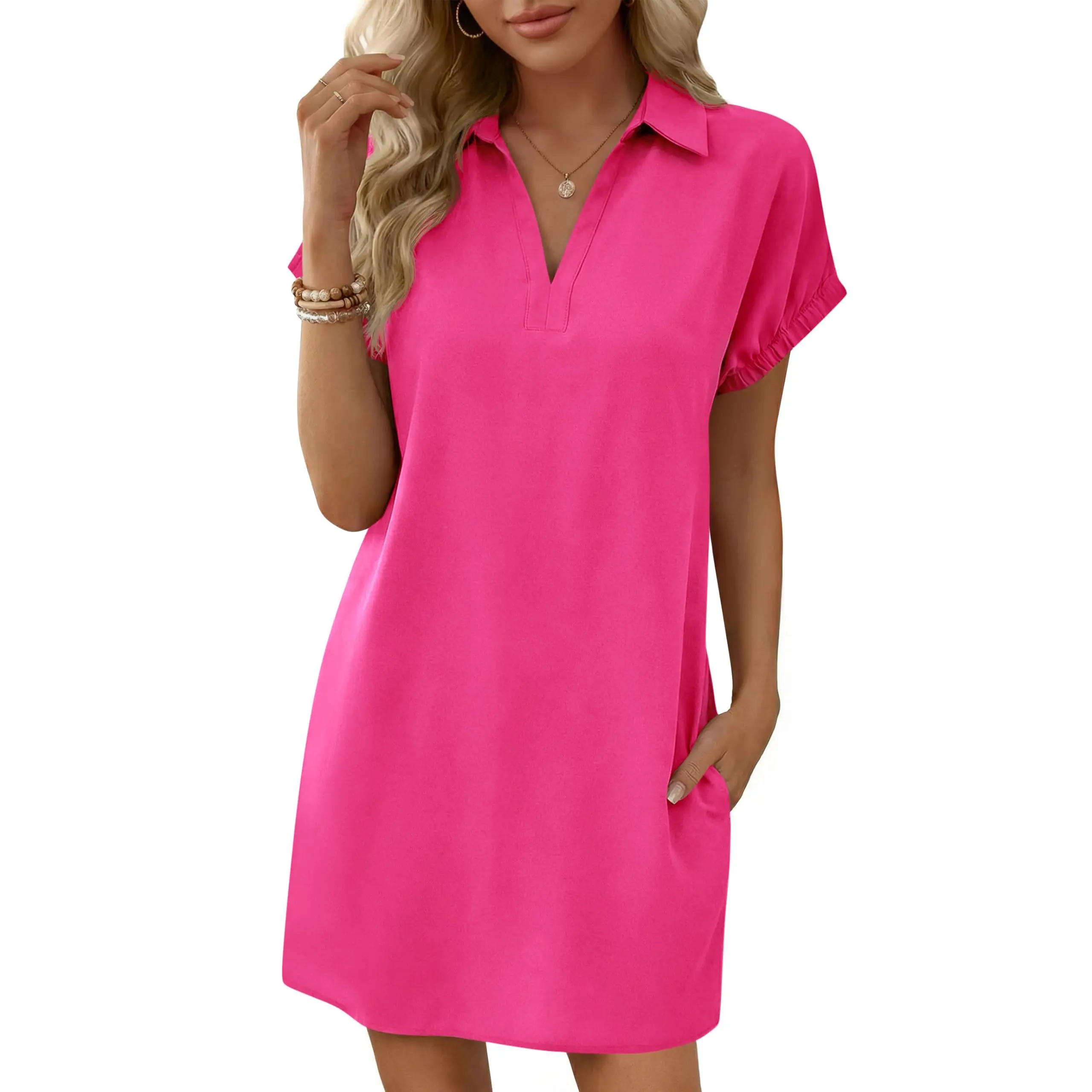 Women’s V-Neck Pleated Shirt Dress – Casual Summer Essential