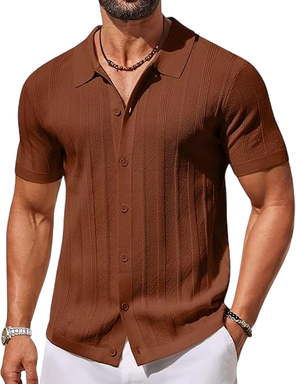 Men's Knit Button Down Shirts Short Sleeve Polo Shirt Casual Vacation Summer Beach Shirts