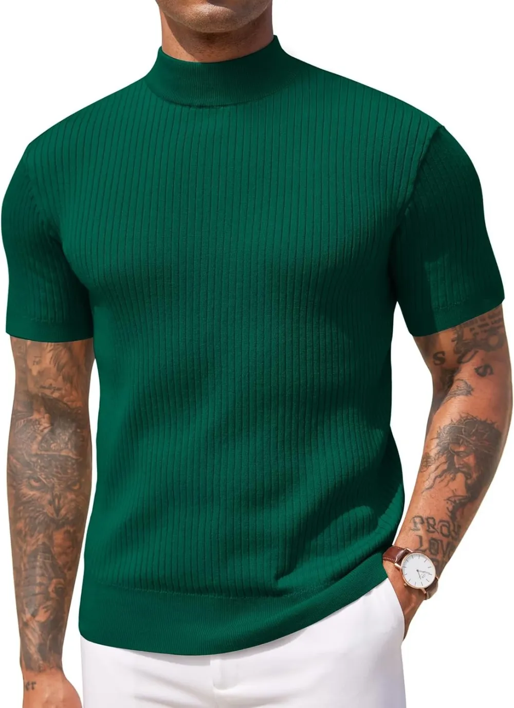 Men's Mock Turtleneck Sweater Short Sleeve Casual Basic Tops Ribbed Knit Pullover Solid Tee(100%Polyester)