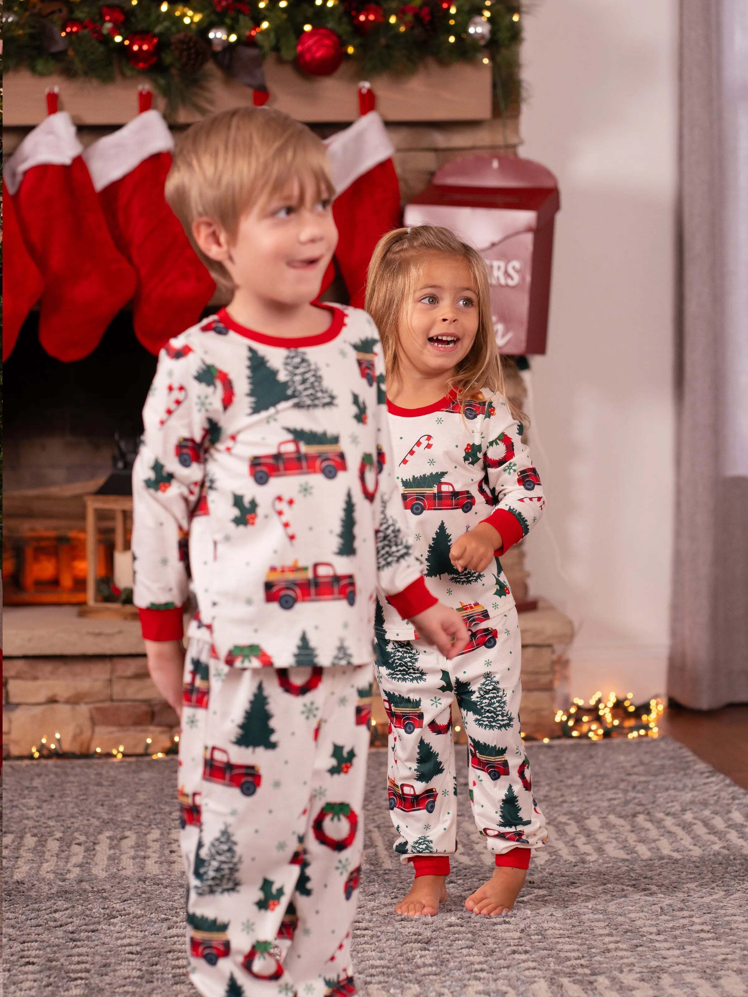 Christmas Family Matching Allover Xmas Tree & Car Print Long-sleeve Pajamas Sets with Christmas Socks Multi-color