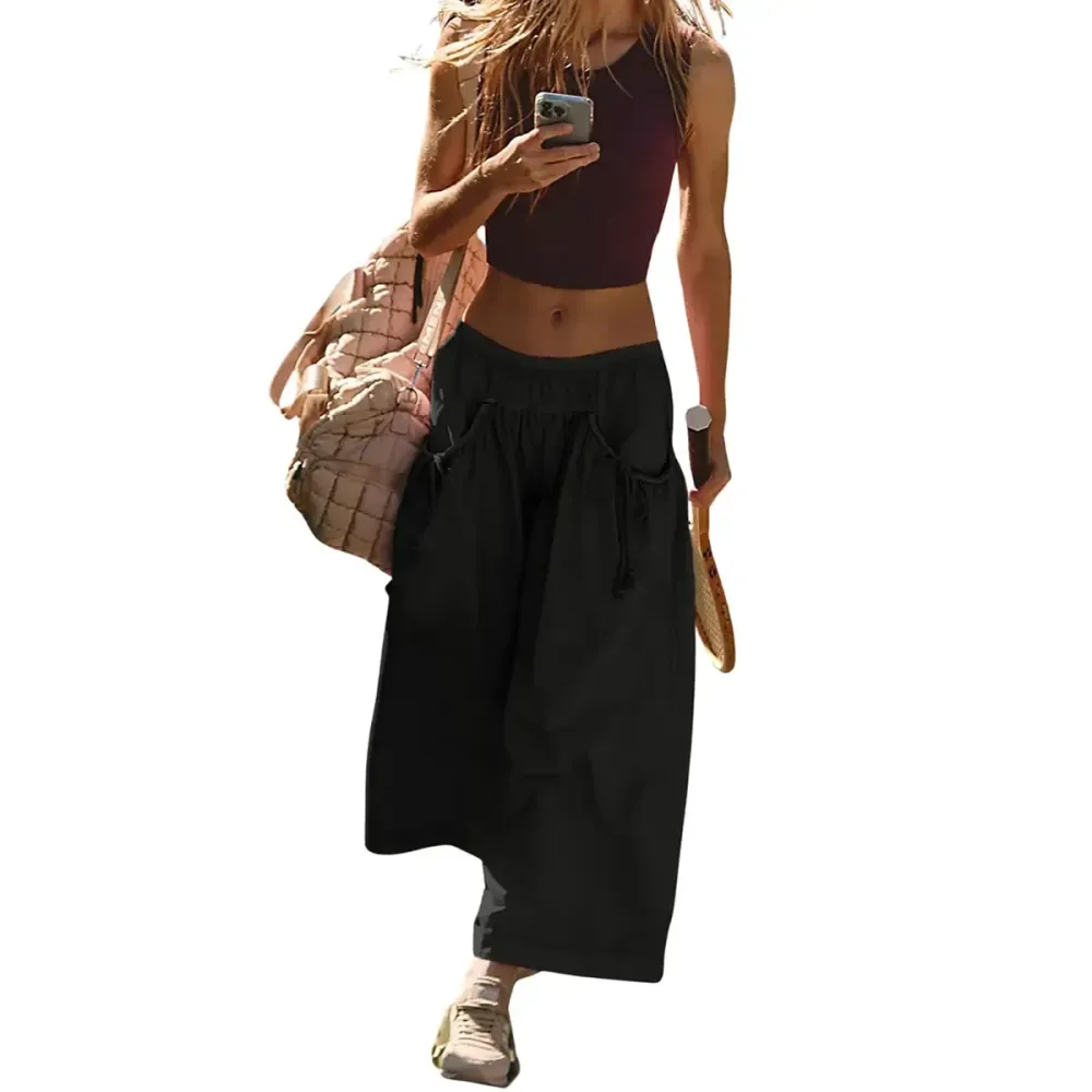 Women's Loose Wide Leg Track Pants Boho Sport Style Drawstring Pockets Elastic Waist Capri Hiking