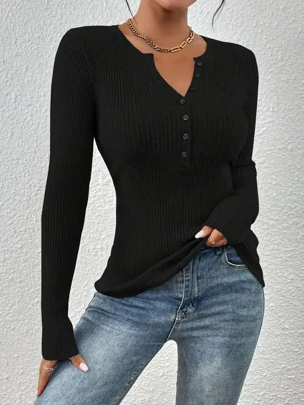 Women's Plain Button Front Ribbed Sweater Tops