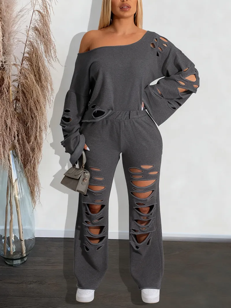 Women's Ripped Asymmetrical Neck Pullover & Wide Leg Pants Set