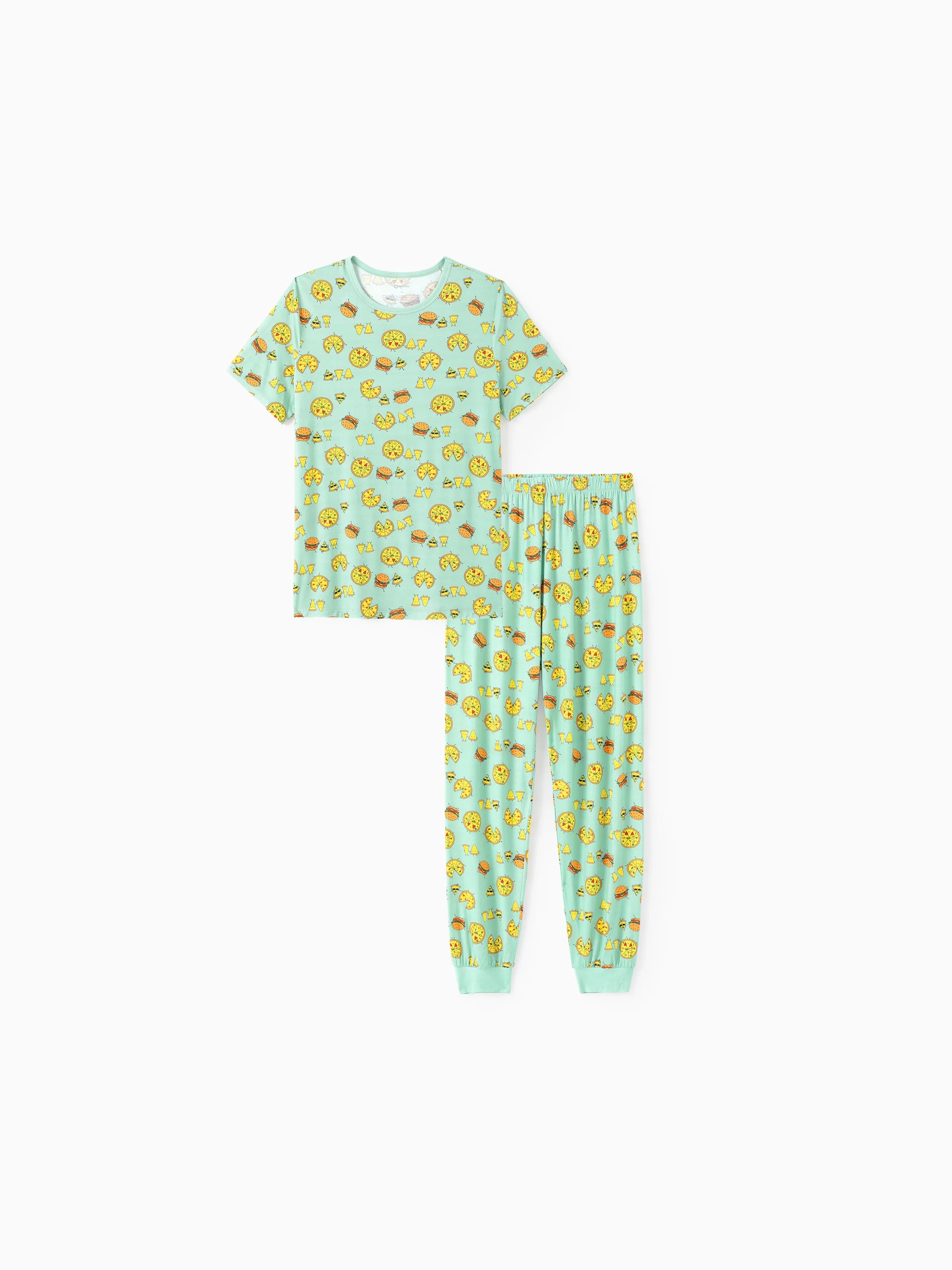 Bamboo Family Mint Green PJs Cute Cartoon Food Theme Print Short Sleeve & Long Pants Sleepwear Matching Pajama set (Snug-Fitting for Children) Light Blue