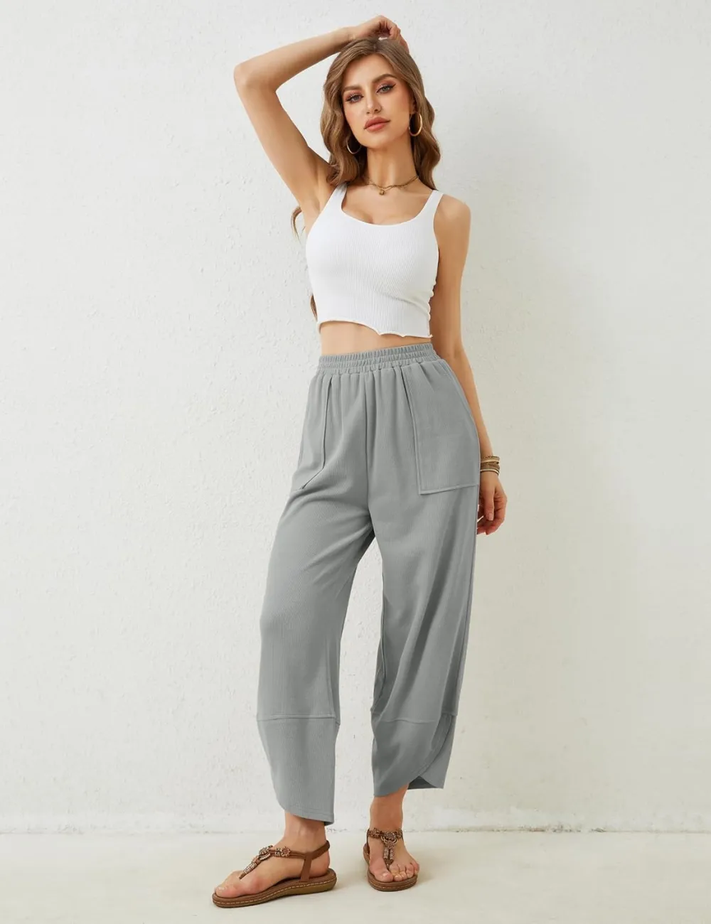Women's Wide Leg Harem Pants Casual Palazzo Pants with Pockets High Waist Relaxed Fit