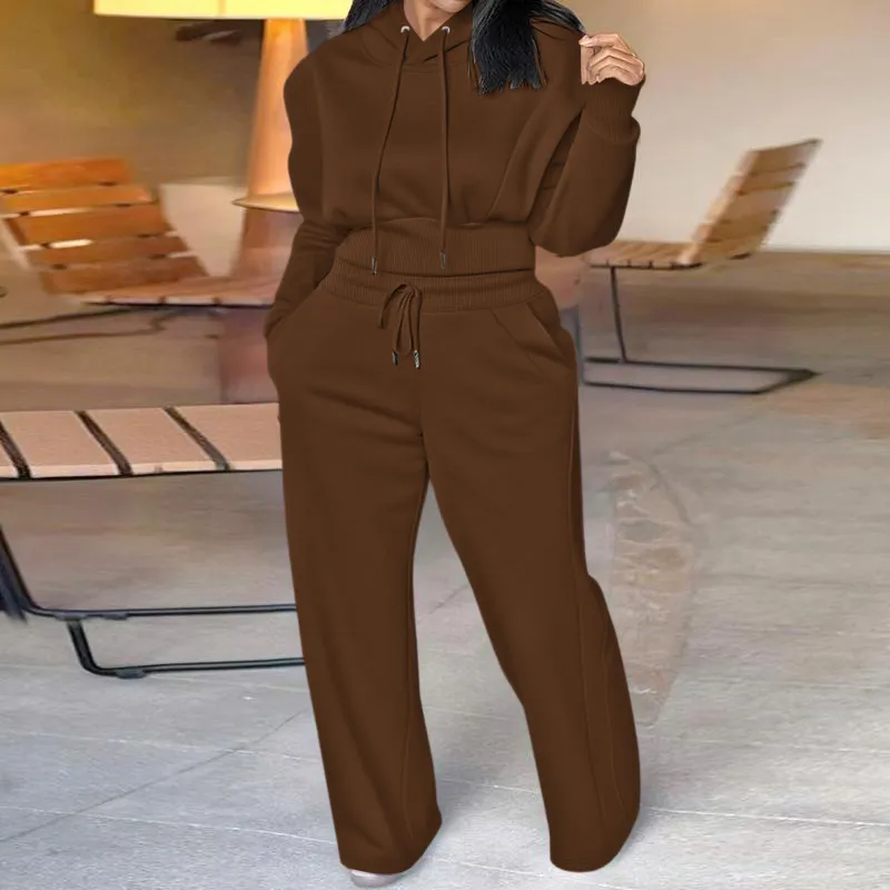Hooded Long Sleeve Sweatshirt and Casual Wide Leg Sweatpants Set