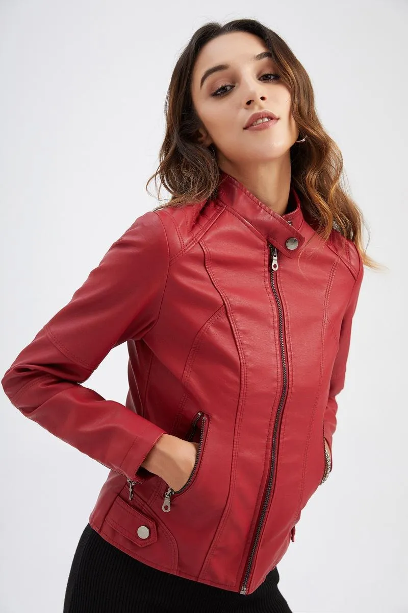 Women's Slim Fit Faux Leather Jacket Stand Collar Motorcycle Style Spring Autumn
