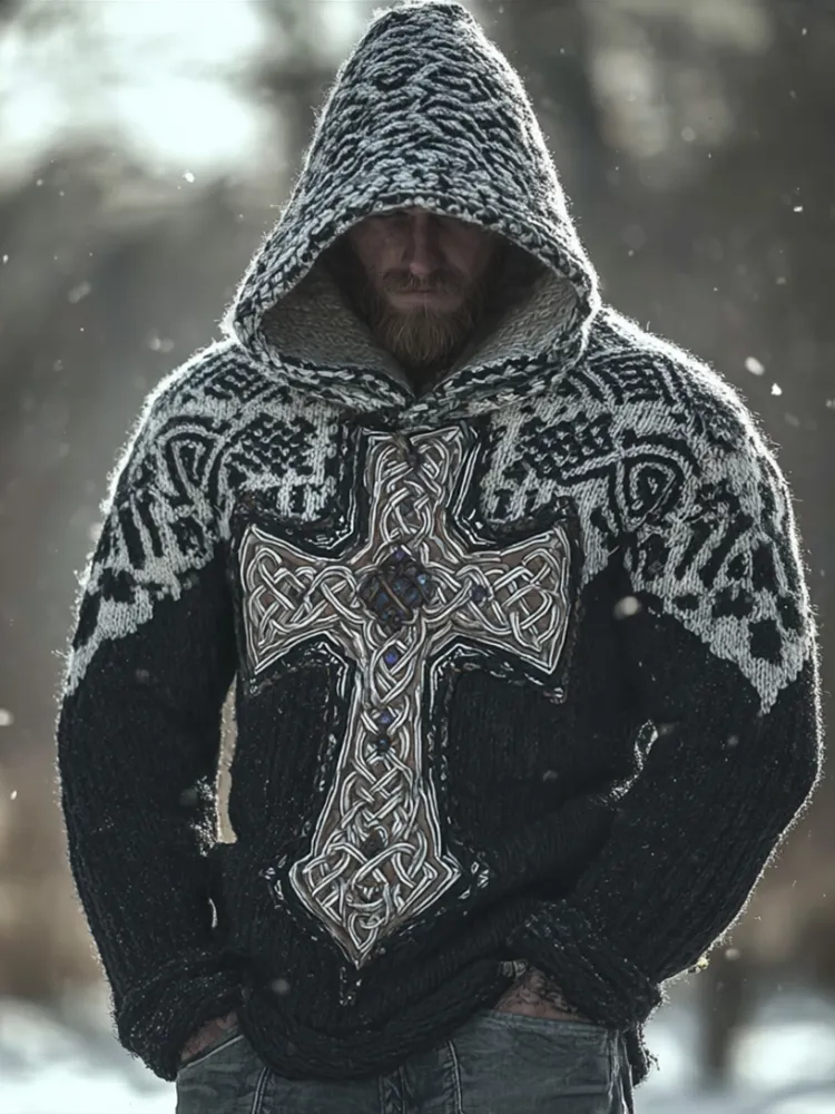 Men's Viking Style Celtic Cross Black And White Warm Sweater