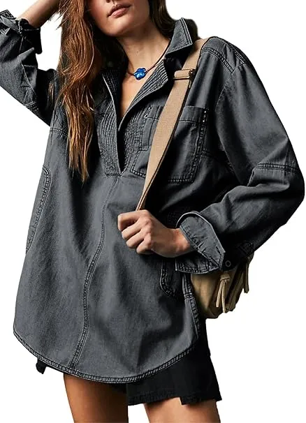 Women's Denim Pullover Casual Loose Fit V Neck Blouse