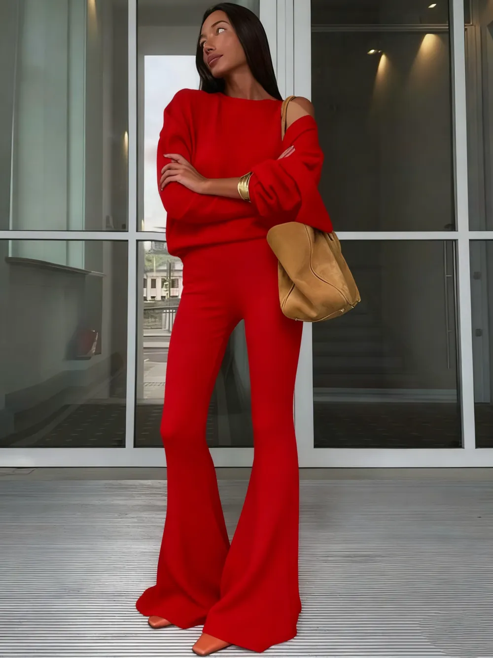 Women's Solid Asymmetrical Neck Top & Flare Leg Pants Set