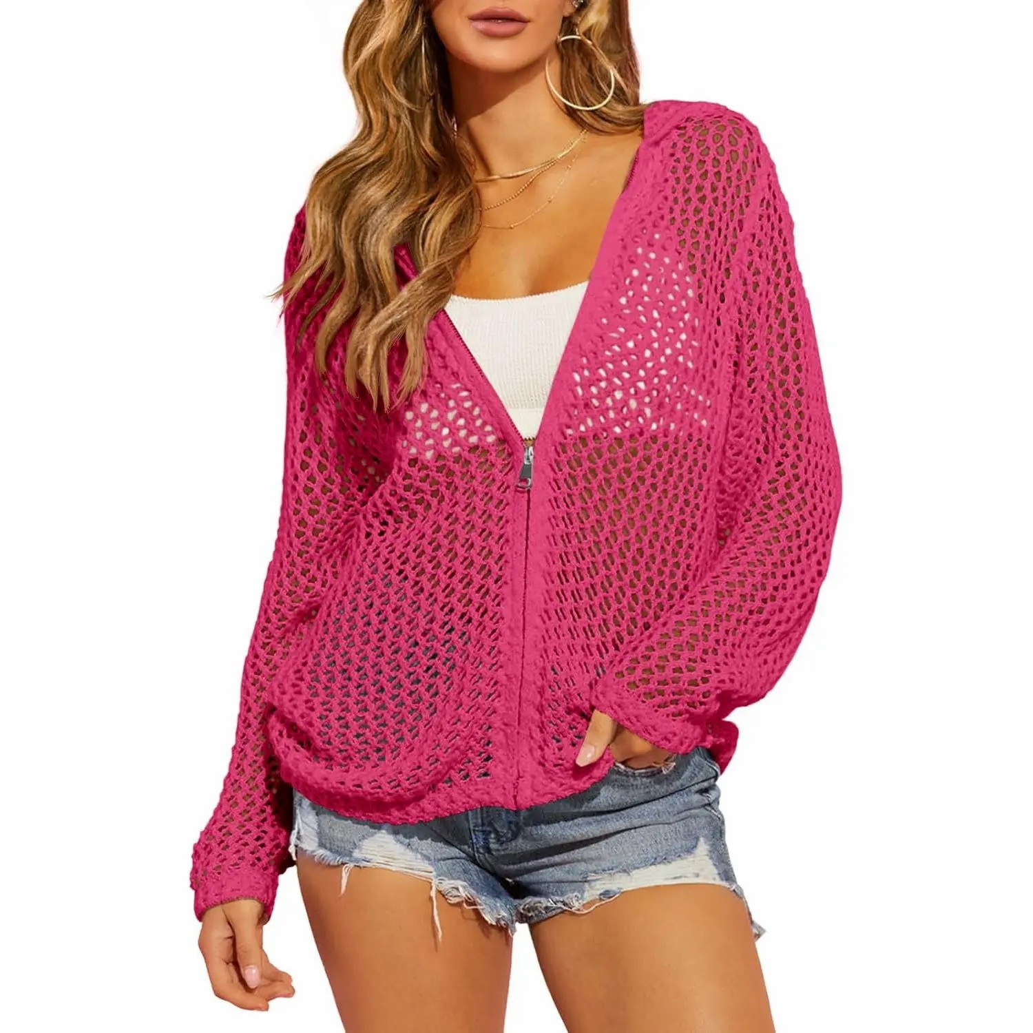 Women's Crochet Lightweight Cardigan – Zip Up Hooded Mesh Beach Cover Up