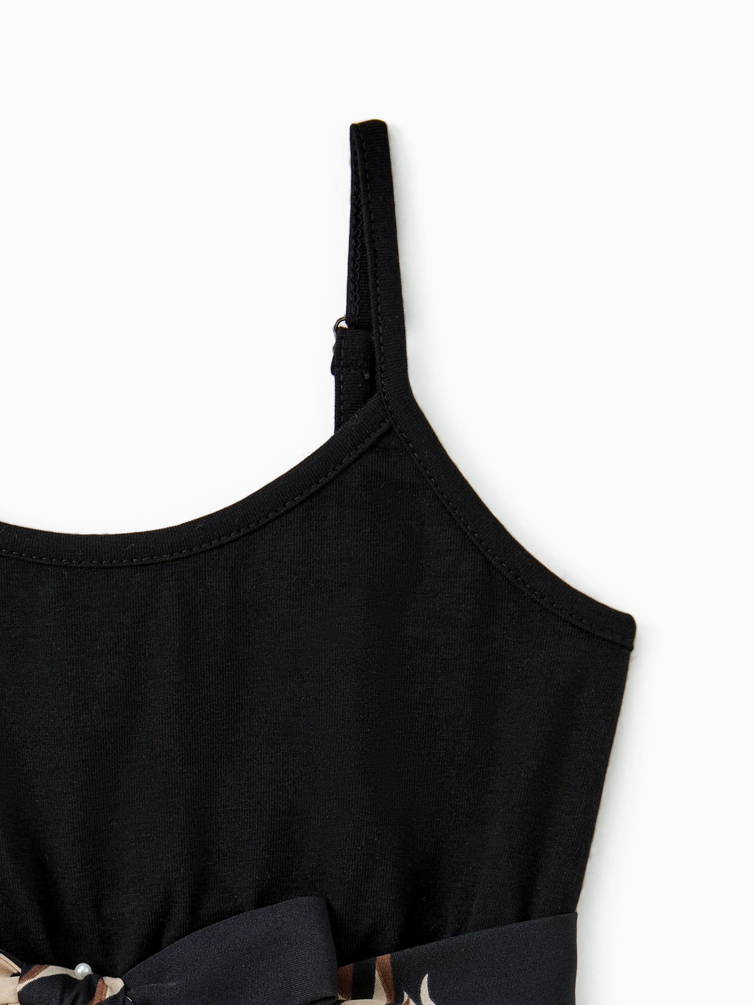 Mommy and Me Family Matching Floral Print Belted Cami Dresses And Solid Short Sleeve Tops Sets Black