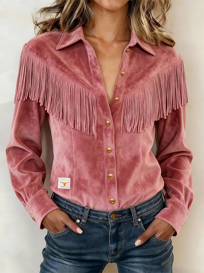 Women's Retro Collared Long-Sleeved Tassel Shirt