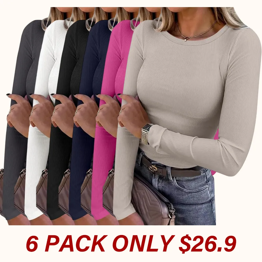 Women's Long-Sleeve Crew Neck Ribbed Knit Slim Fit T-Shirt