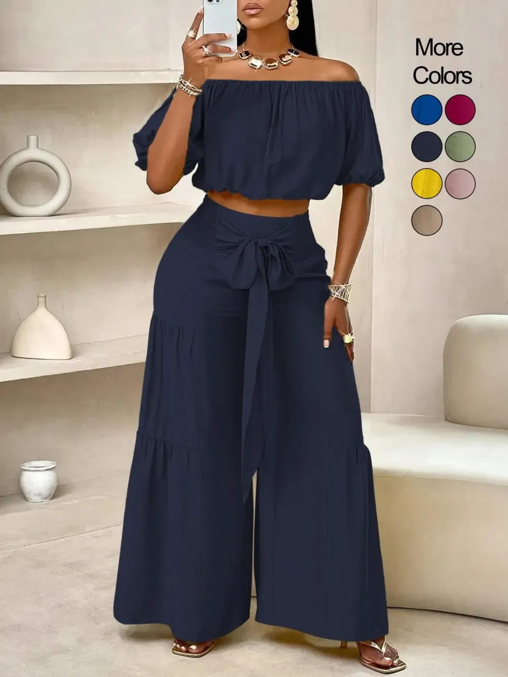 Women's Solid Color Top & Wide Leg Pants Set, Casual Off Shoulder Top & Palazzo Pants for Summer