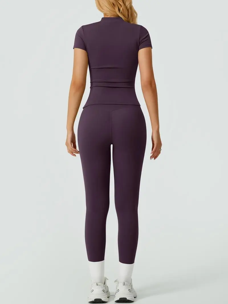 Women's Solid Ribbed Long Sleeve Tee & Leggings Sport Set