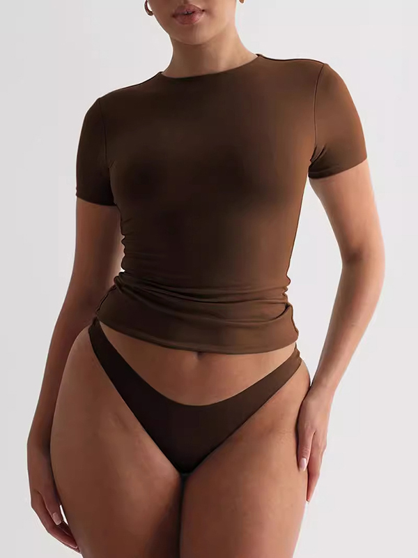 Solid Color Split-Joint Short Sleeves Skinny Round-Neck T-Shirts Tops