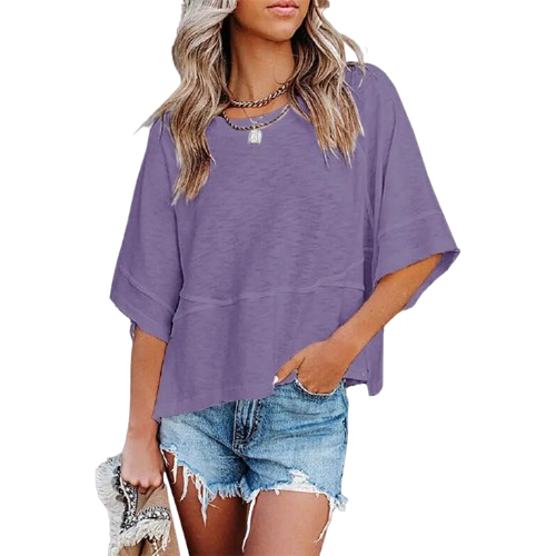 (Special Offer) Women's Summer Casual Round-Neck Batwing Sleeve T-Shirt — Solid Color, Loose Fit