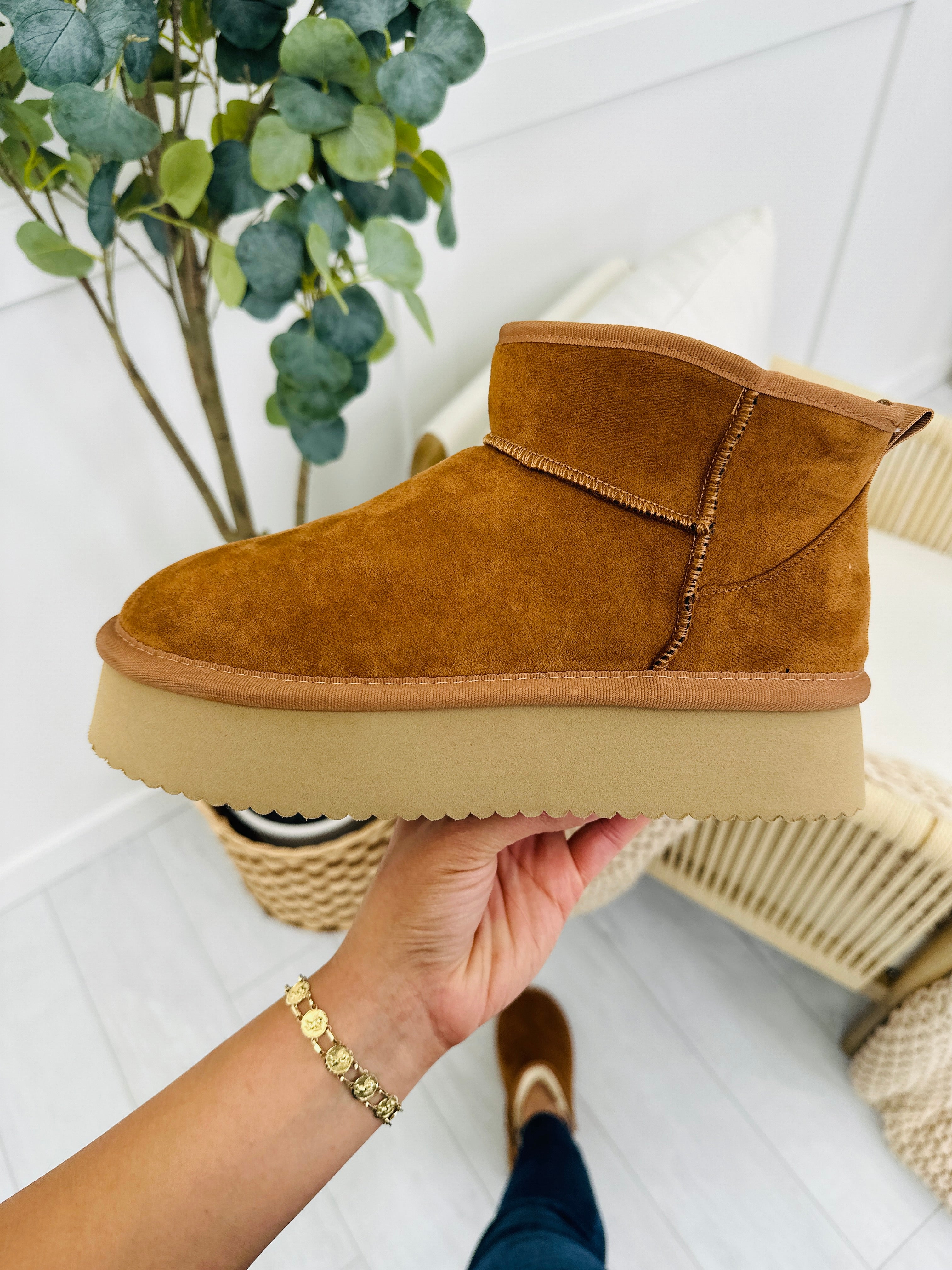 Toasty Terrain Booties In Tobacco Faux Suede
