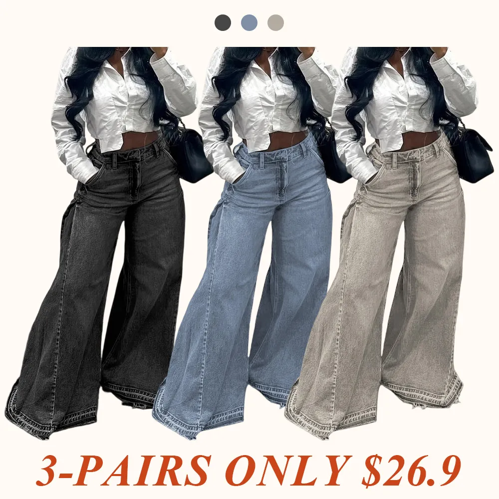 Women Flared Wide Side Loose Jeans High Waist