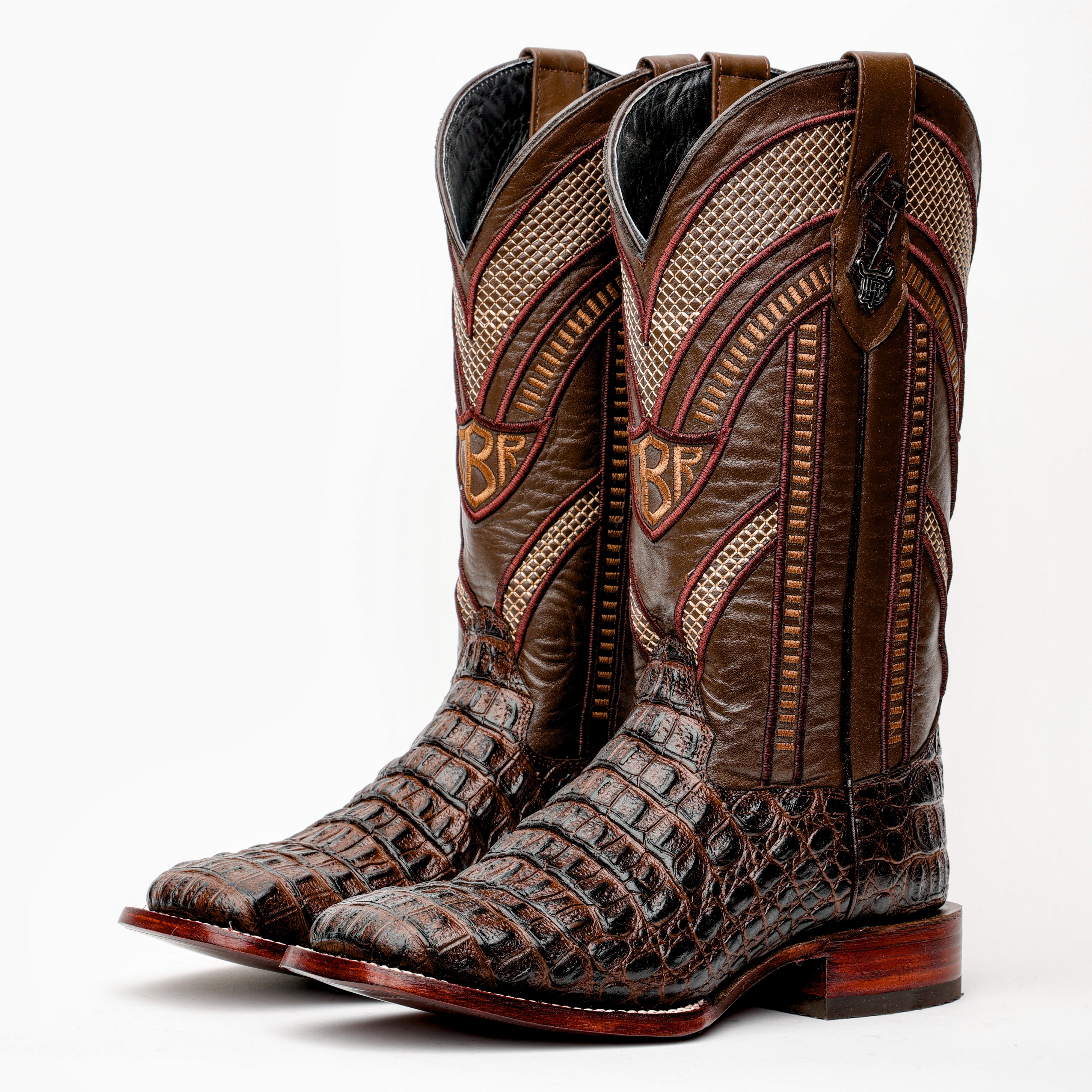 Brown Caiman Hornback Leather Boots - Square Toe