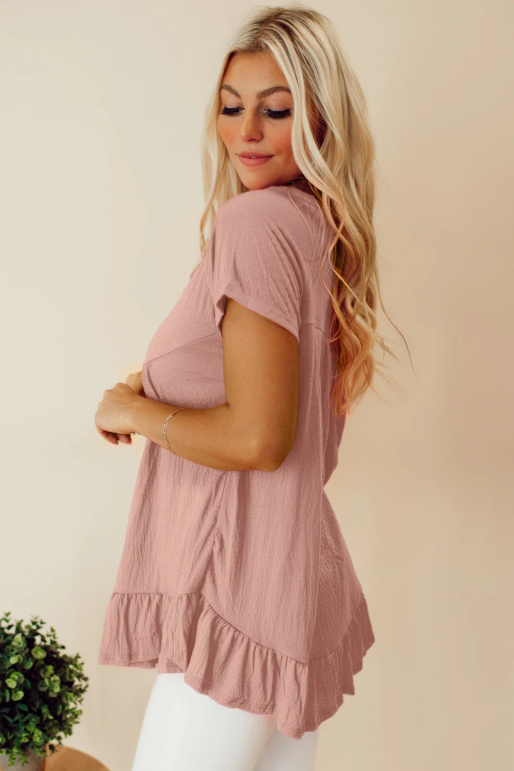 Solid Short Sleeve Ruffle Hem Top
