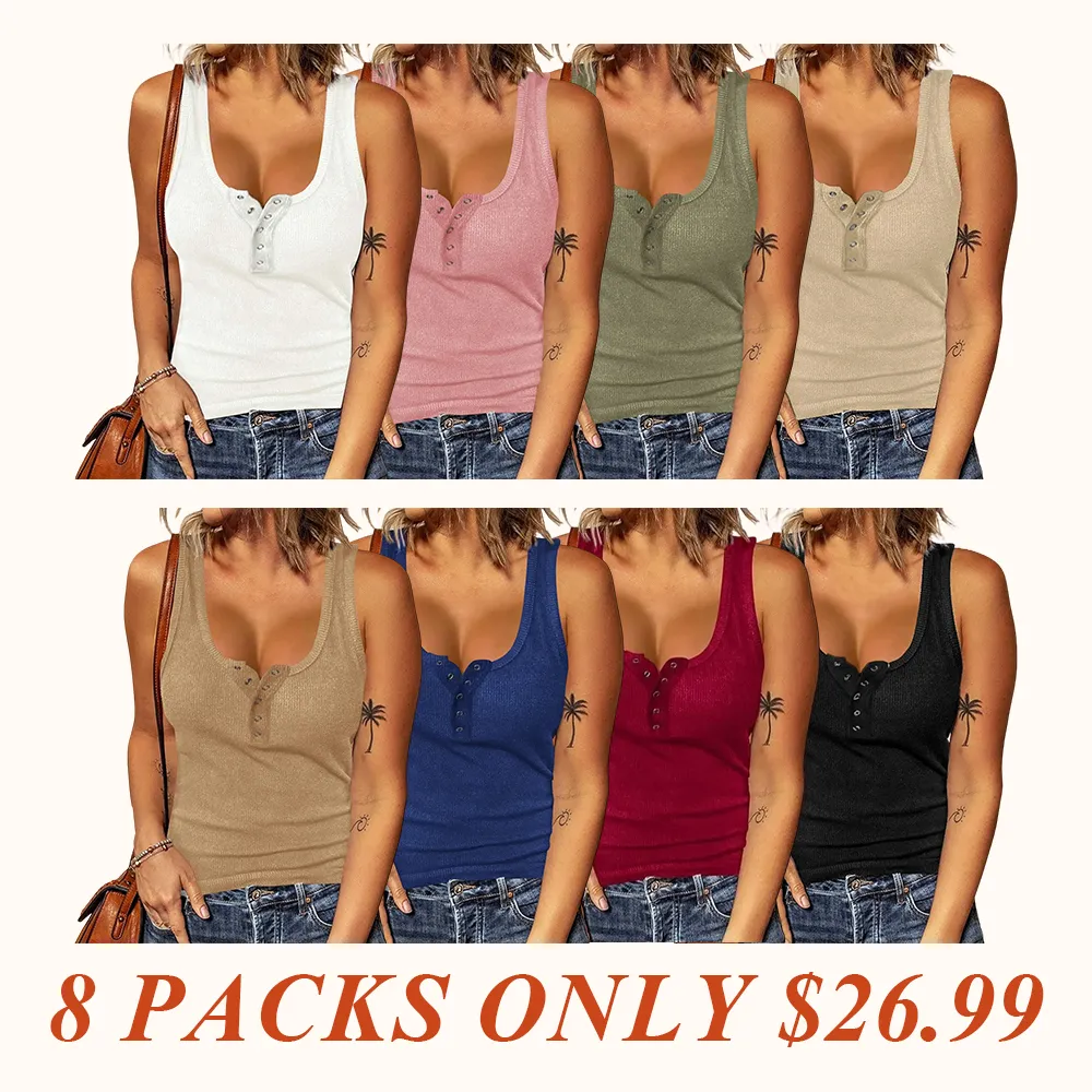 Women's Summer Vest Ribbed Tank Tops Crew Neck Button Down Sleeveless Tunic Blouse