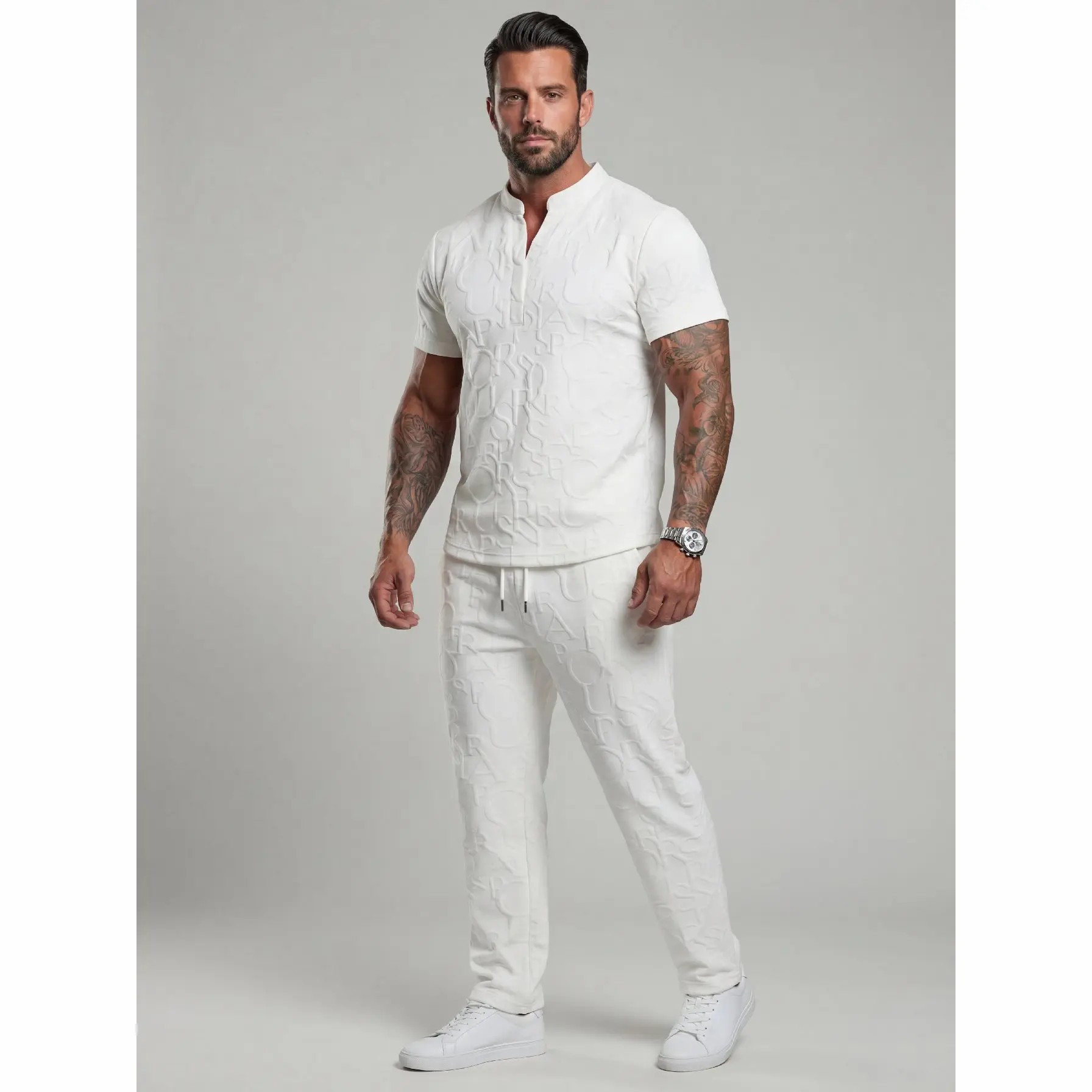 Men's 2-Piece Textured Tee & Drawstring Pants Set – Casual Spring & Fall Outfit