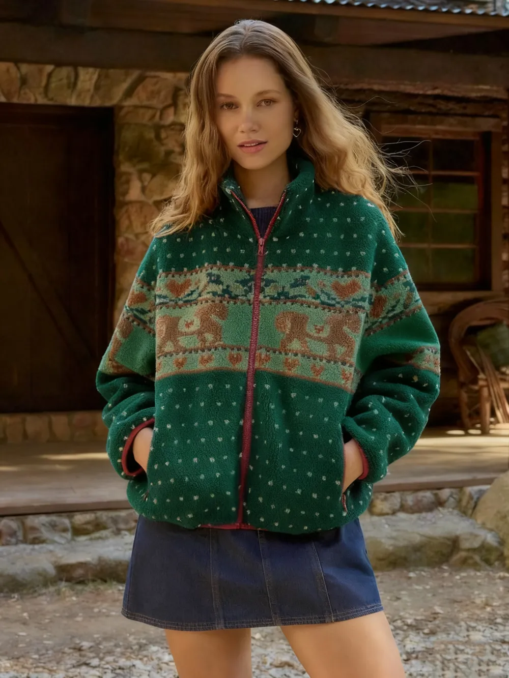 Merry Chrismas Fleece Collar Graphic Jacket