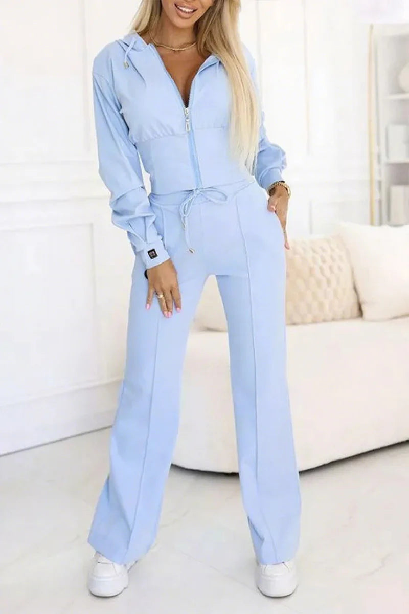 Ladies Round Neck Hooded Zipper Top+ Pants with Casual Temperament Suit