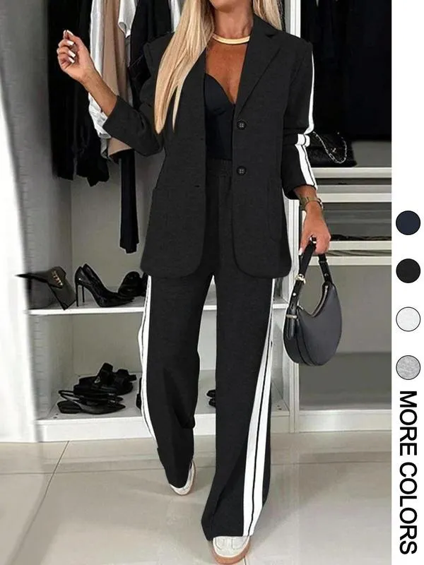 Women's Striped Print Blazer Jacket & Wide Leg Pants Set