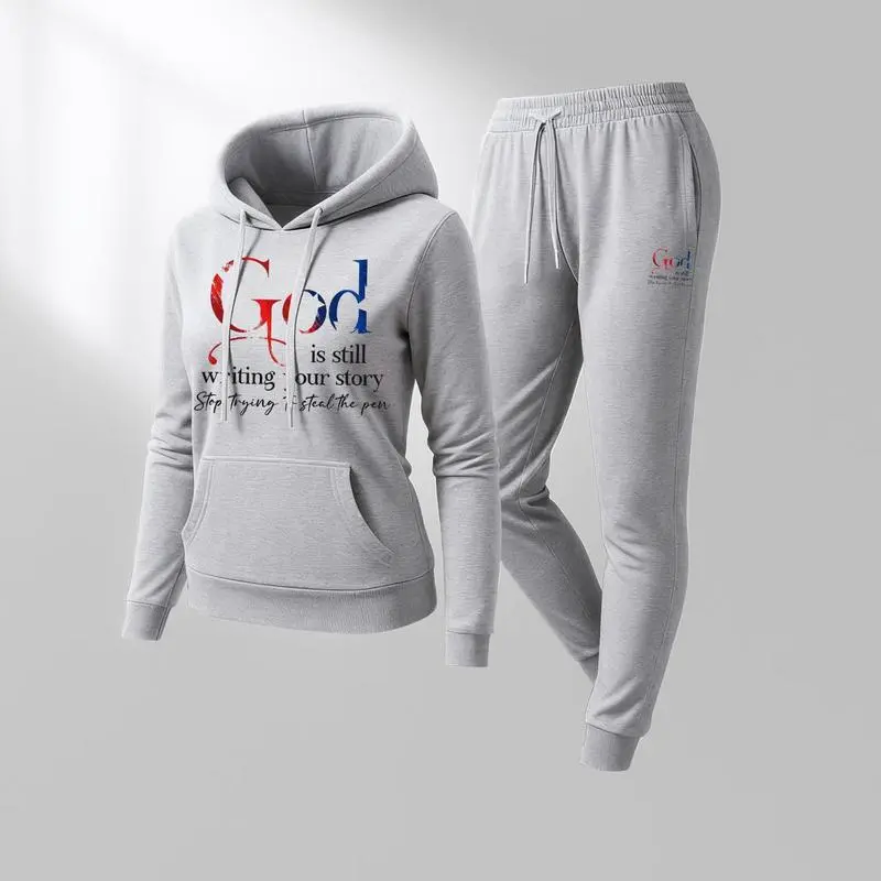 Women'S God Letter Print Hoodie And Drawstring Track Pants Set