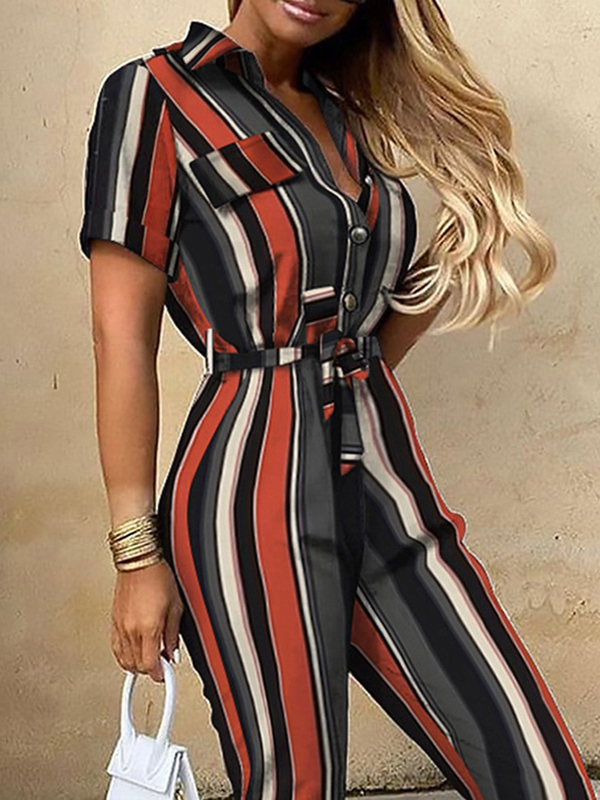 Split-Joint Striped Tied Waist Loose Plus Size Lapel Jumpsuits